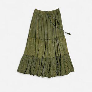 Boho long tiered green skirt with gold metallic threads